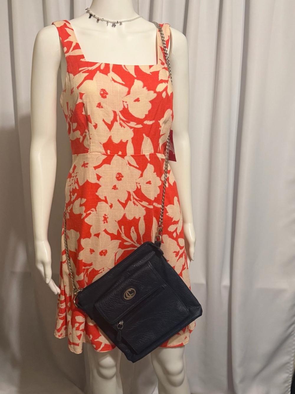 Liz Claiborne Navy Blue Pebbled Leather Crossbody Bag Silver Chain Strap